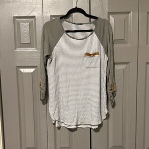 Pink Clover Black and White Striped Top with Tan Accents